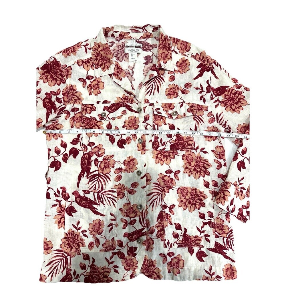Rachel Zoe Button Up Linen Floral Bird Print Shirt Blouse Women L Missing Belt - Picture 7 of 9